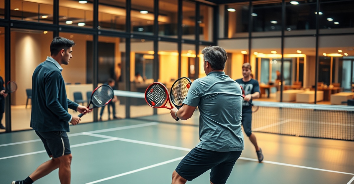 Professional padel networking event with four players on an indoor glass court