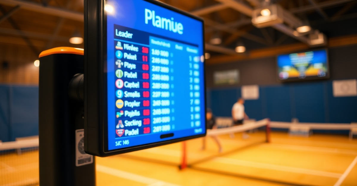 Padel Americano tournament leaderboard display with court action in background