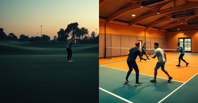 Split comparison of empty golf course and vibrant indoor padel court with professionals playing