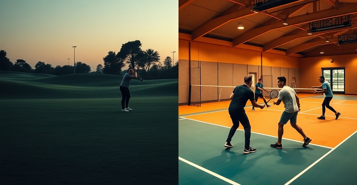 Split comparison of empty golf course and vibrant indoor padel court with professionals playing