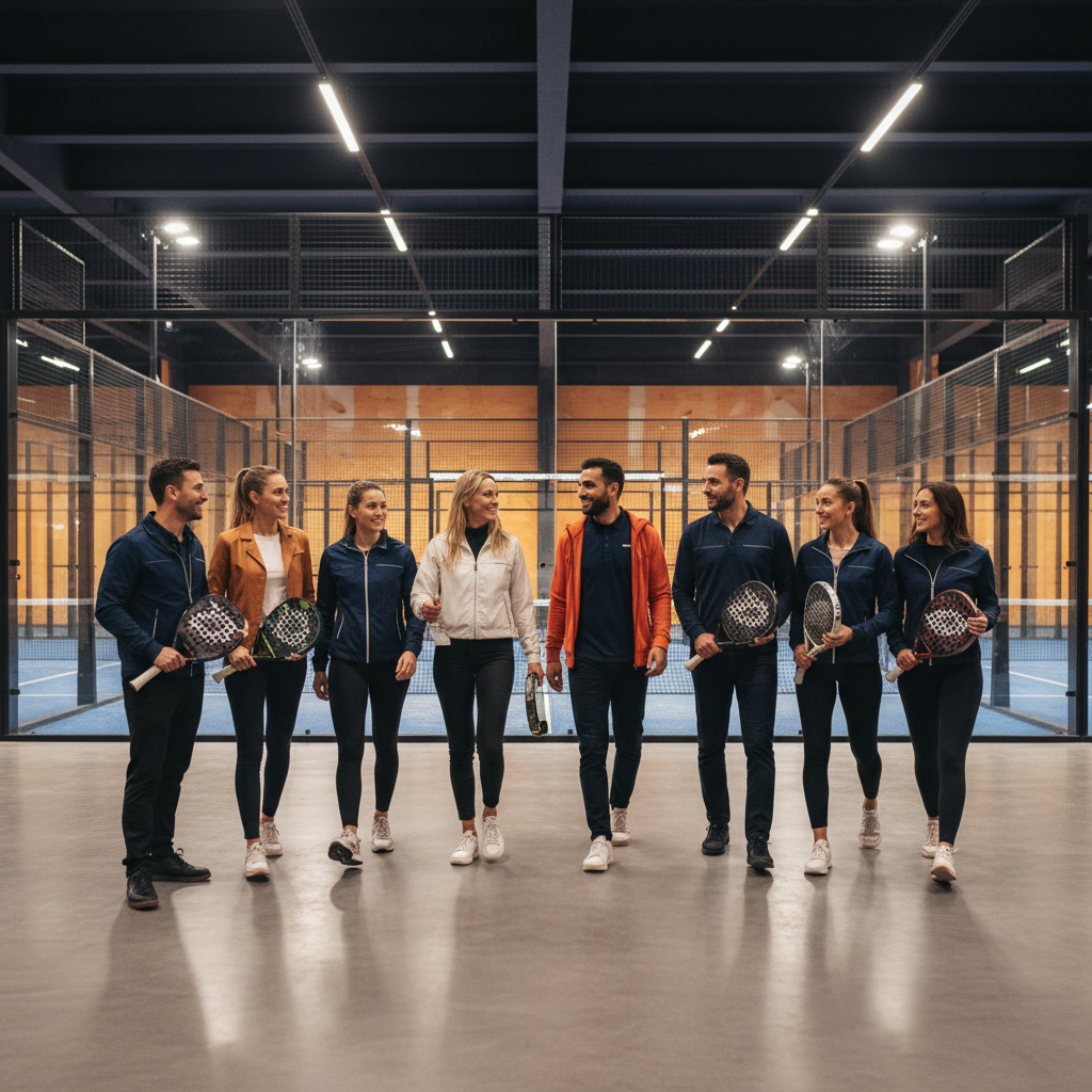 Diverse group of professionals arriving at an indoor padel venue for a networking event